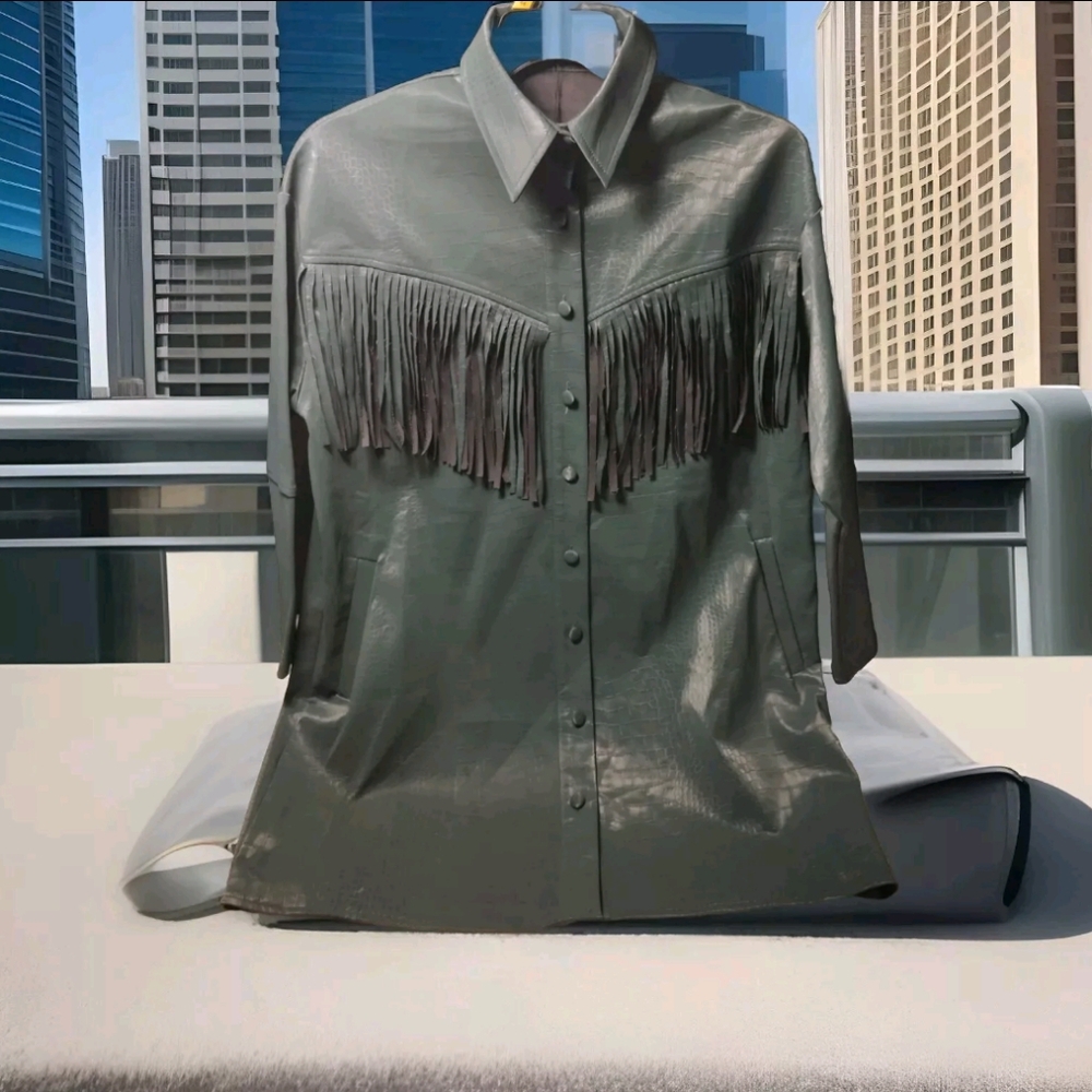 Green faux leather mock croc fringed shirt dress
